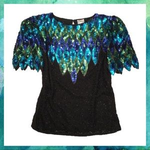 100% Silk Top w Sequin & Bead Peacock by Stenay